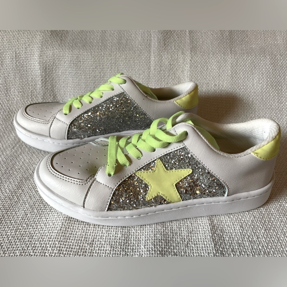 MKS white sneaker with stars and sparkle